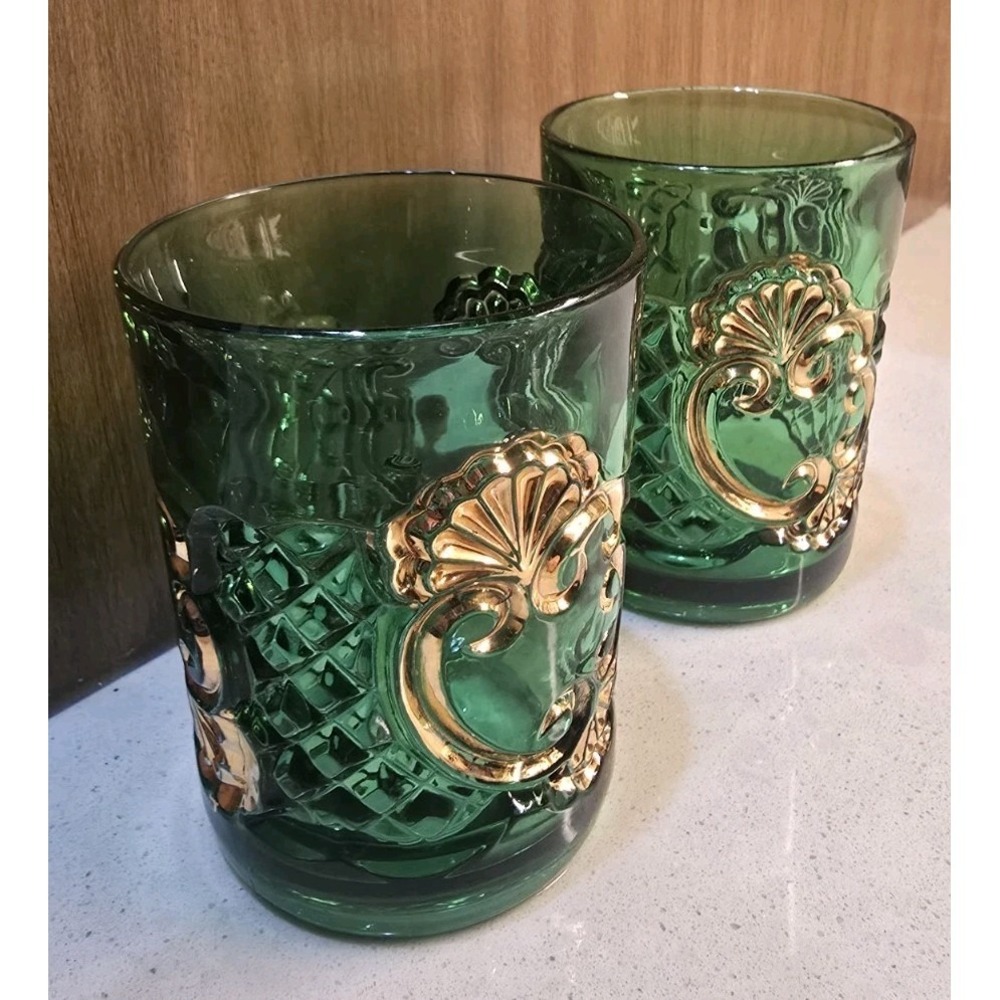 VTG Set Of 2 EAPG Riverside Glass CROESUS TUMBLER GREEN GOLD McKee 1890s